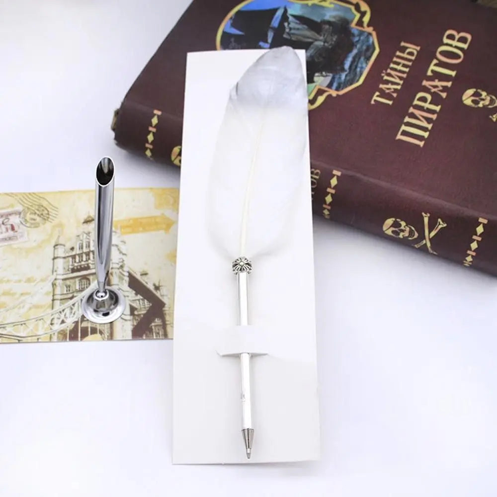 Vintage Feather Quill Pen Set - 5 Carved Nibs Oblique Dip Pen for Writing Gift for School or Office - ZOOMNSTORE
