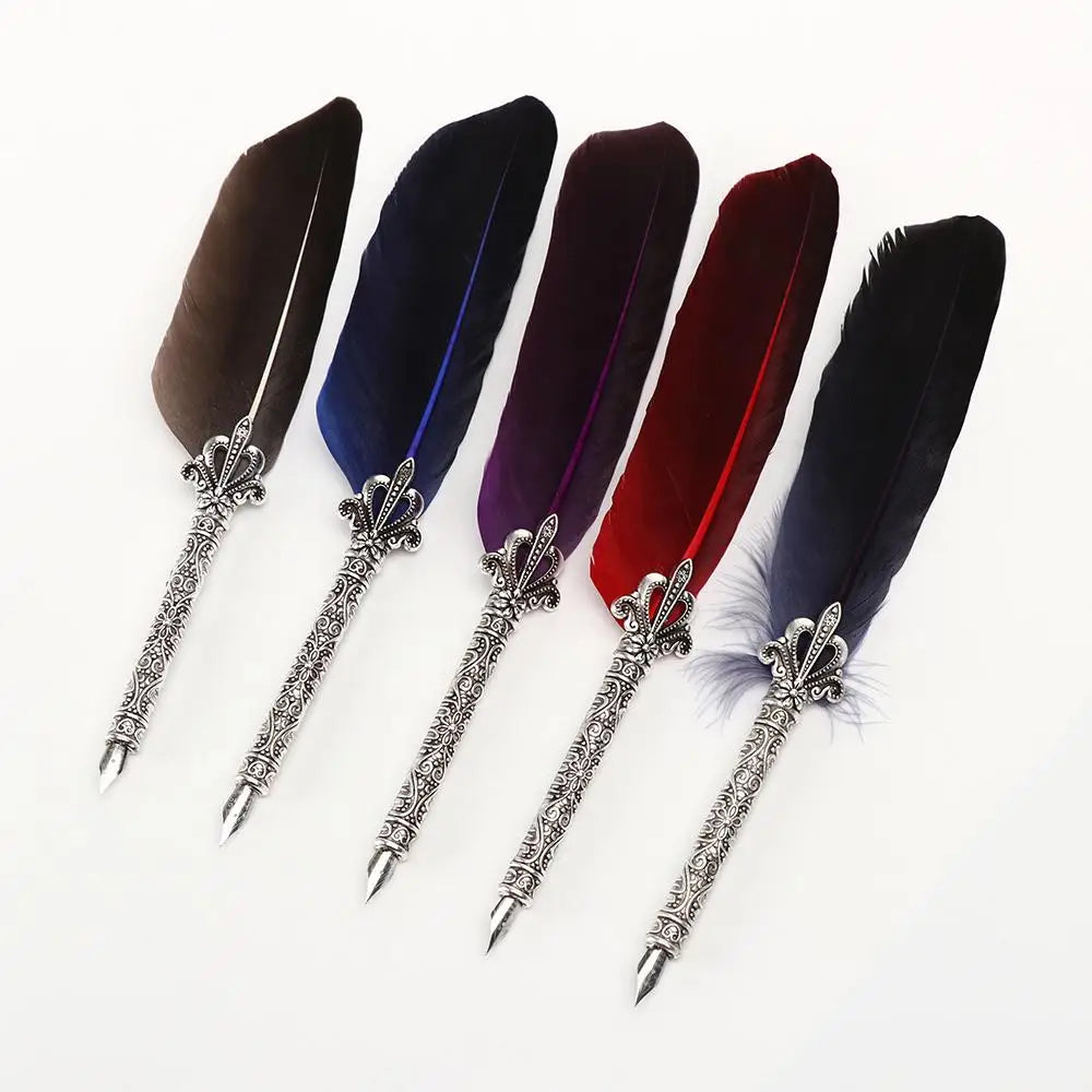 Vintage Feather Quill Pen Set - 5 Carved Nibs Oblique Dip Pen for Writing Gift for School or Office - ZOOMNSTORE