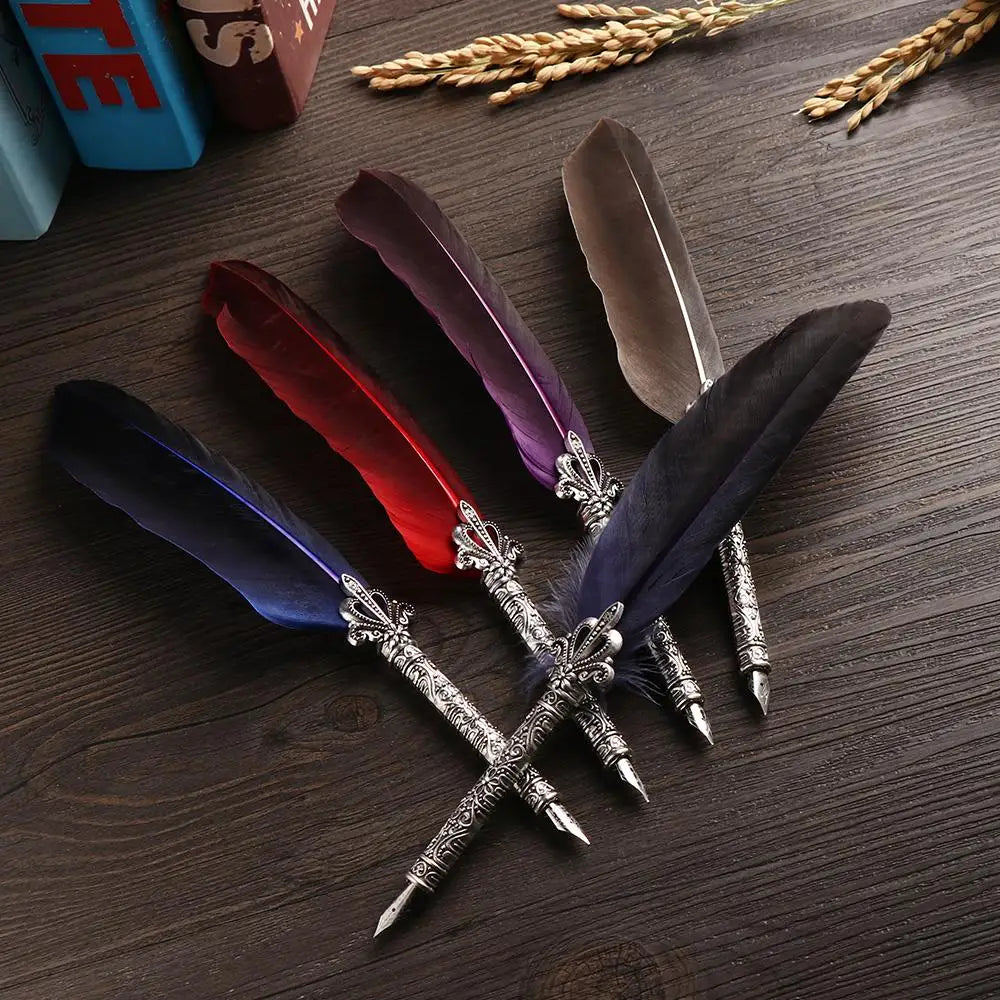 Vintage Feather Quill Pen Set - 5 Carved Nibs Oblique Dip Pen for Writing Gift for School or Office - ZOOMNSTORE