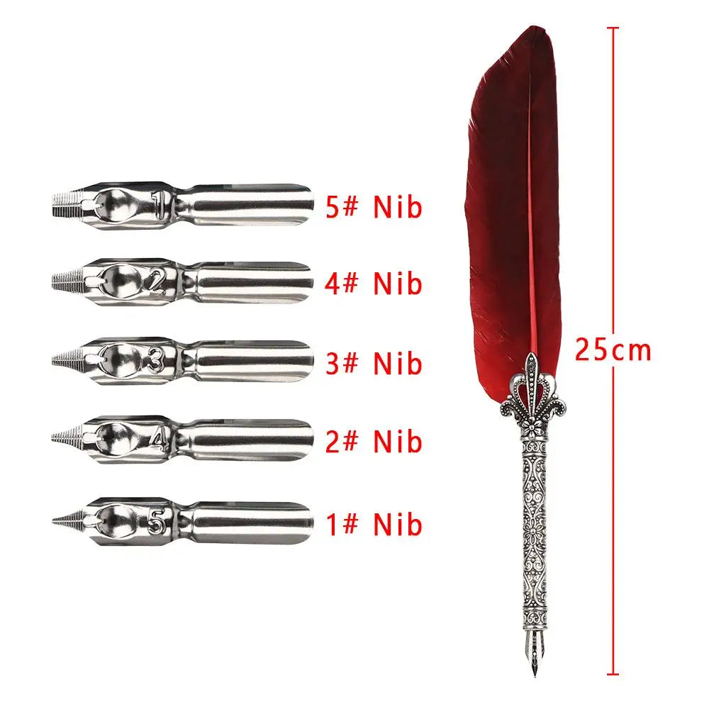 Vintage Feather Quill Pen Set - 5 Carved Nibs Oblique Dip Pen for Writing Gift for School or Office - ZOOMNSTORE