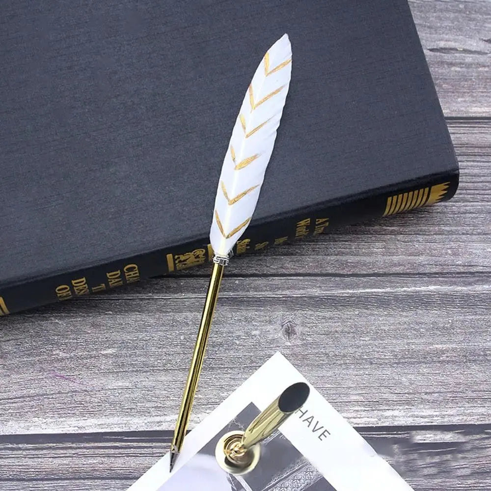 Vintage Feather Quill Pen Set - 5 Carved Nibs Oblique Dip Pen for Writing Gift for School or Office - ZOOMNSTORE