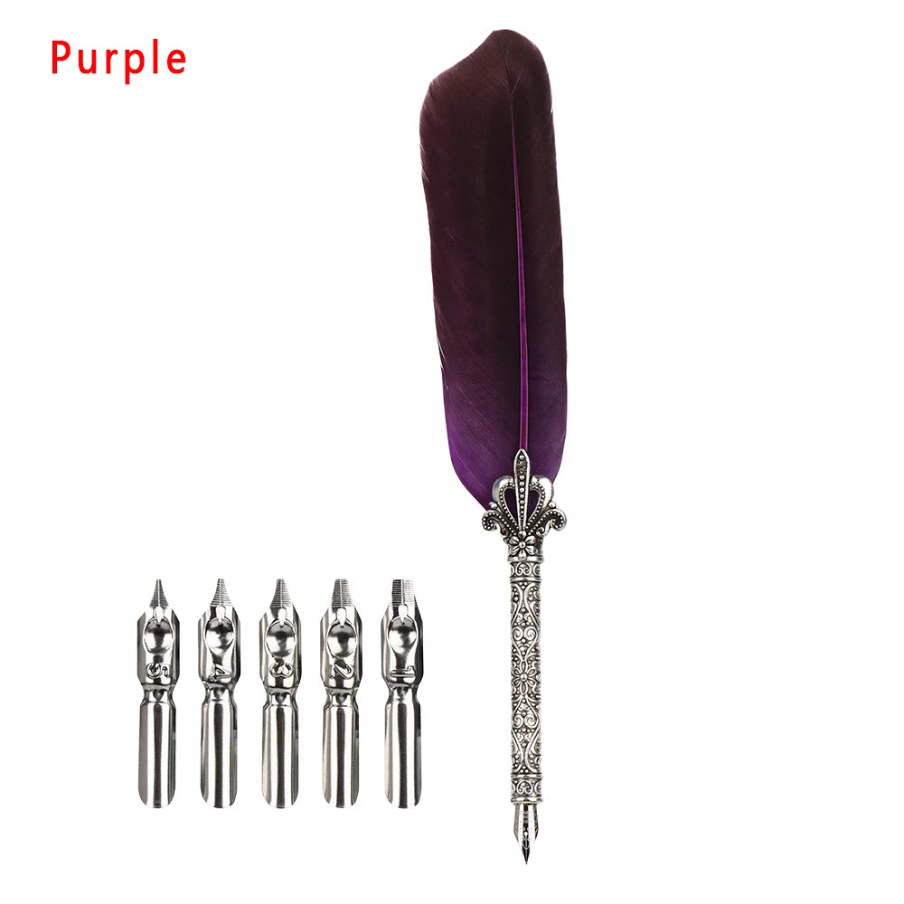 Vintage Feather Quill Pen Set - 5 Carved Nibs Oblique Dip Pen for Writing Gift for School or Office - ZOOMNSTORE