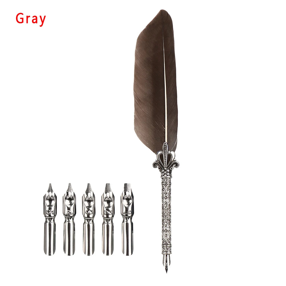 Vintage Feather Quill Pen Set - 5 Carved Nibs Oblique Dip Pen for Writing Gift for School or Office - ZOOMNSTORE