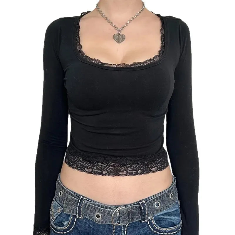 Vintage Graphic T Shirt - Long Sleeve Slim Fit Tops With Lace Trim Tee For Autumn - ZOOMNSTORE
