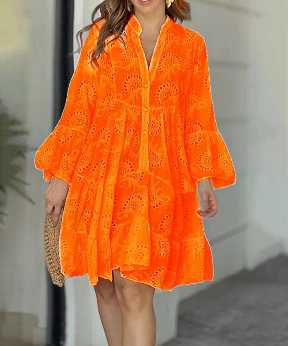 Elegant Vintage Lace Dress - V-neck Hollow Out Mini Beach Dress - ZOOMNSTORE