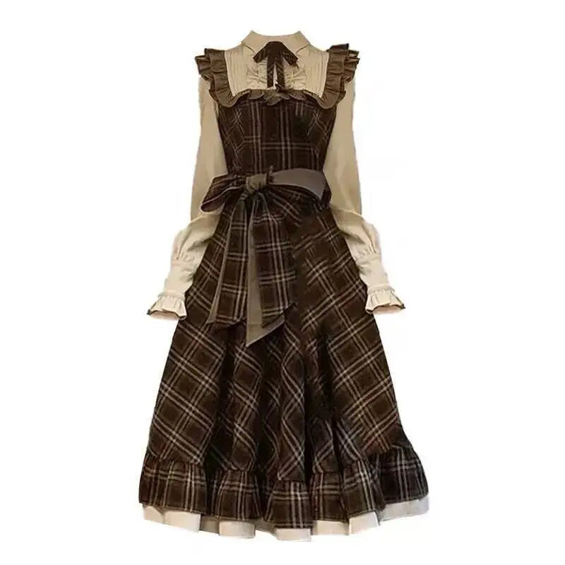 Vintage Lolita Two-Piece Dress - Plaid Bow Slim Fit Skirt for Women Winter 2024 Fashion - ZOOMNSTORE