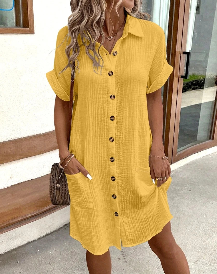 Vintage Mini Dress - Casual Cotton Linen Blend Summer Dress With Pockets - ZOOMNSTORE