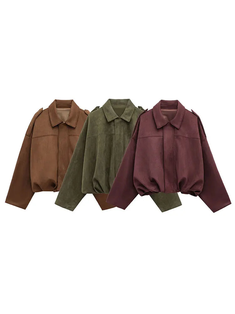 Vintage Womens Suede Bomber Jacket - Brown Green Casual Motorcycle Coat - ZOOMNSTORE