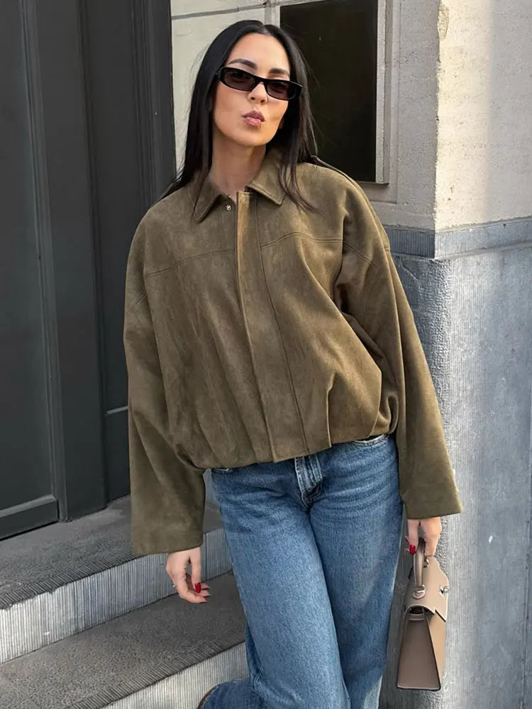 Vintage Womens Suede Bomber Jacket - Brown Green Casual Motorcycle Coat - ZOOMNSTORE