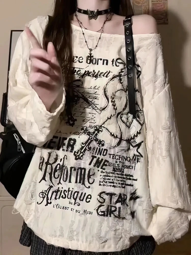 Vintage Y2K Oversized Off-Shoulder Hip Hop T-Shirt - Baggy Long Sleeve Womens Top - ZOOMNSTORE