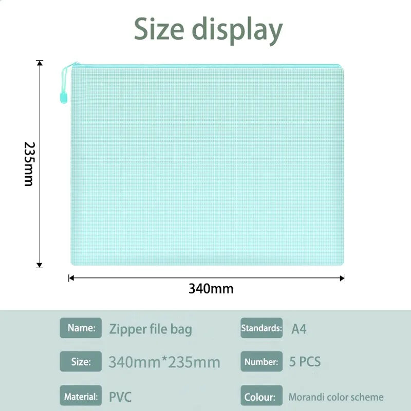 Waterproof Mesh Zipper Pouch Set - A4 Document Pencil Case Storage Bags 5 Pcs - ZOOMNSTORE