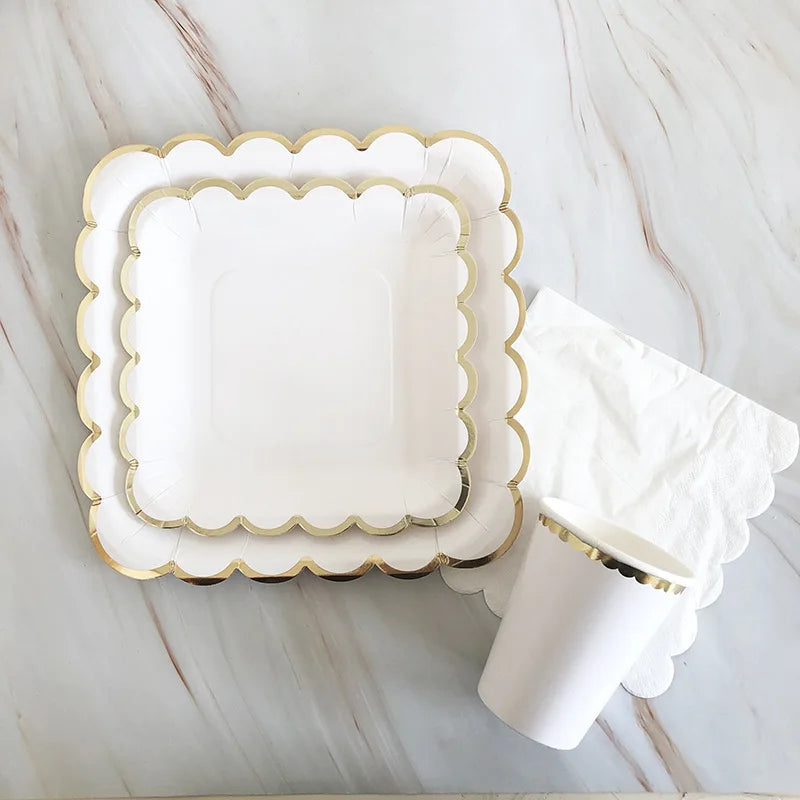 White Gold Disposable Tableware Set - Party Wedding Birthday Baby Shower Supplies - ZOOMNSTORE