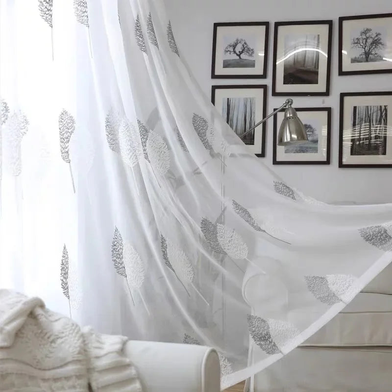 White Sheer Tulle Curtains - Modern Embroidered Translucent Window Drapes for Living Room Bedroom - ZOOMNSTORE