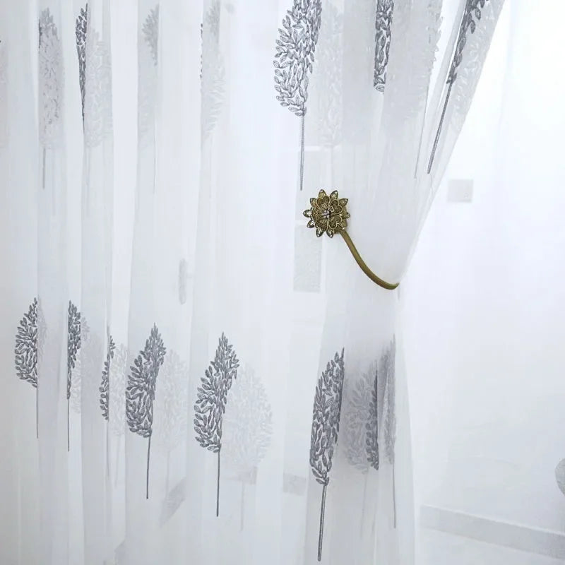 White Sheer Tulle Curtains - Modern Embroidered Translucent Window Drapes for Living Room Bedroom - ZOOMNSTORE