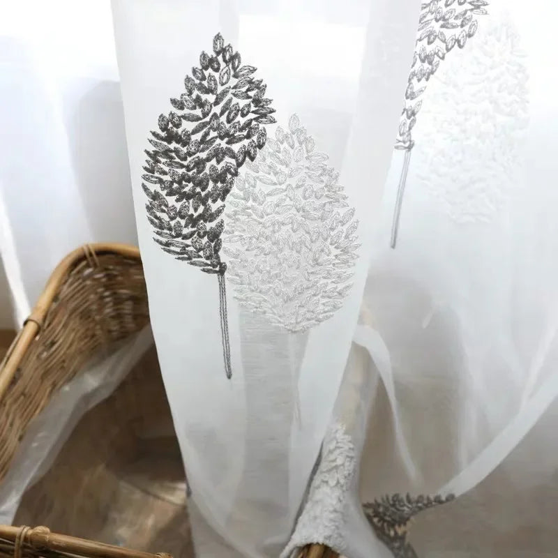 White Sheer Tulle Curtains - Modern Embroidered Translucent Window Drapes for Living Room Bedroom - ZOOMNSTORE