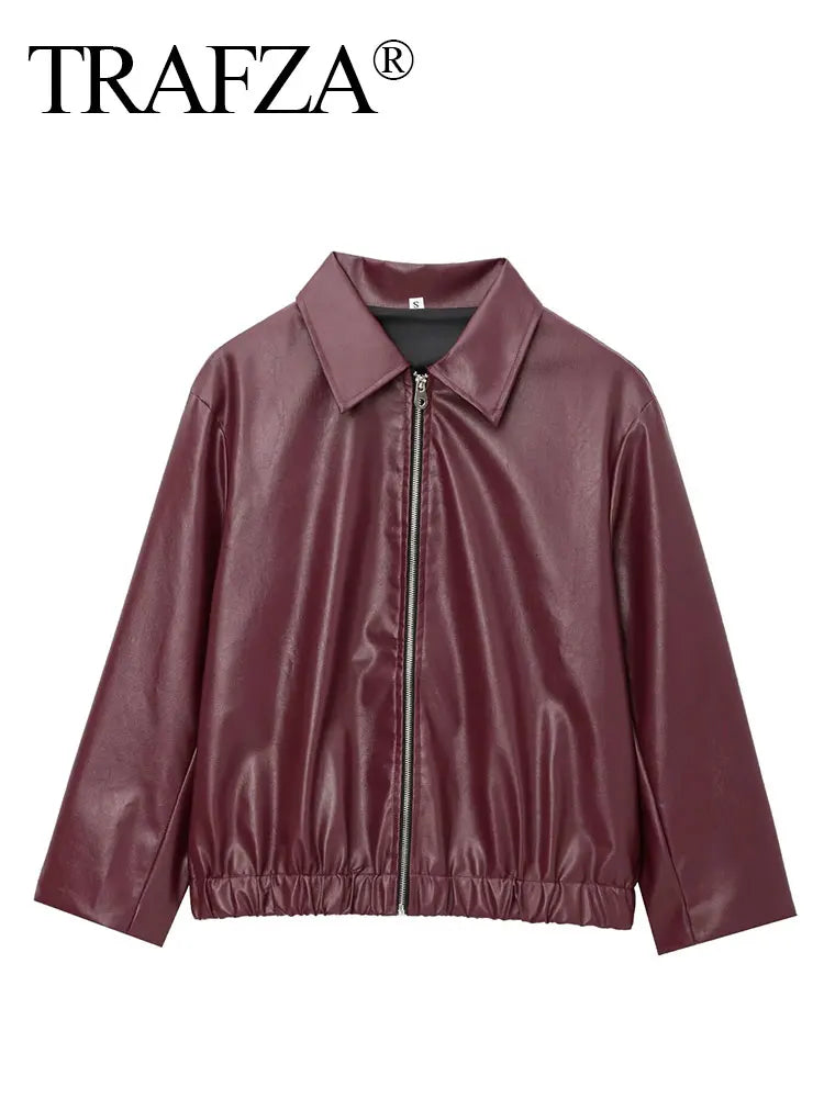 Wine Red Faux Leather Jacket - Womens Thicken Zipper Lapel Coat for Autumn Winter Streetwear - ZOOMNSTORE