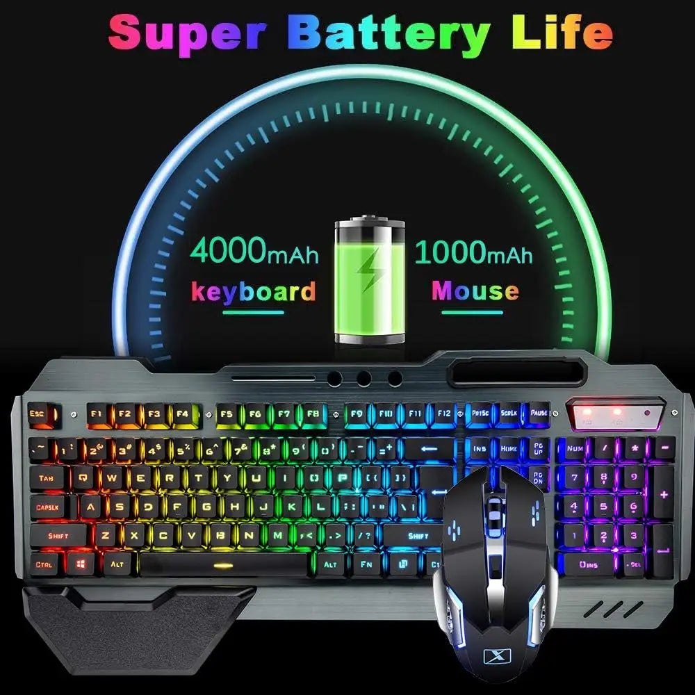 Wireless Gaming Keyboard and Mouse Combo - Rainbow LED Backlit Rechargeable Battery Metal Panel - ZOOMNSTORE