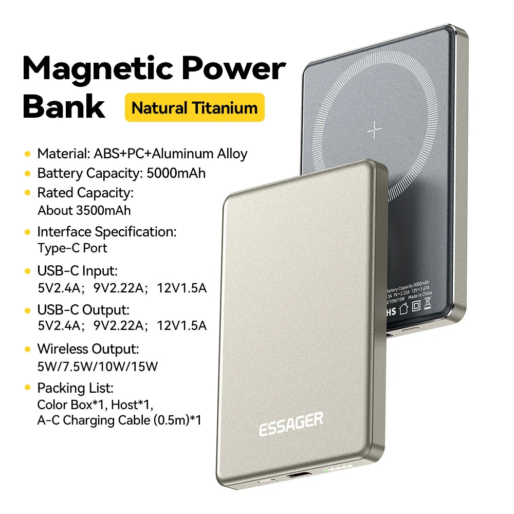 Essager Thin Wireless Power Bank Magnetic 20W 5000mAh Portable Fast Charging External Battery for Magsafe For iPhone 17 16 15 14 - ZOOMNSTORE