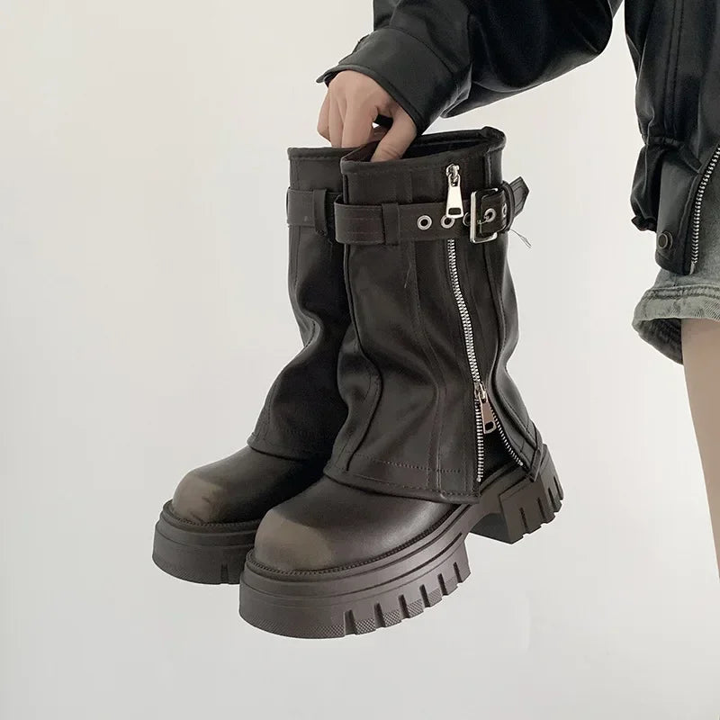 Women Biker Boots - Winter Knee High Booties With Fashion Belt Buckle & Square Heel - ZOOMNSTORE