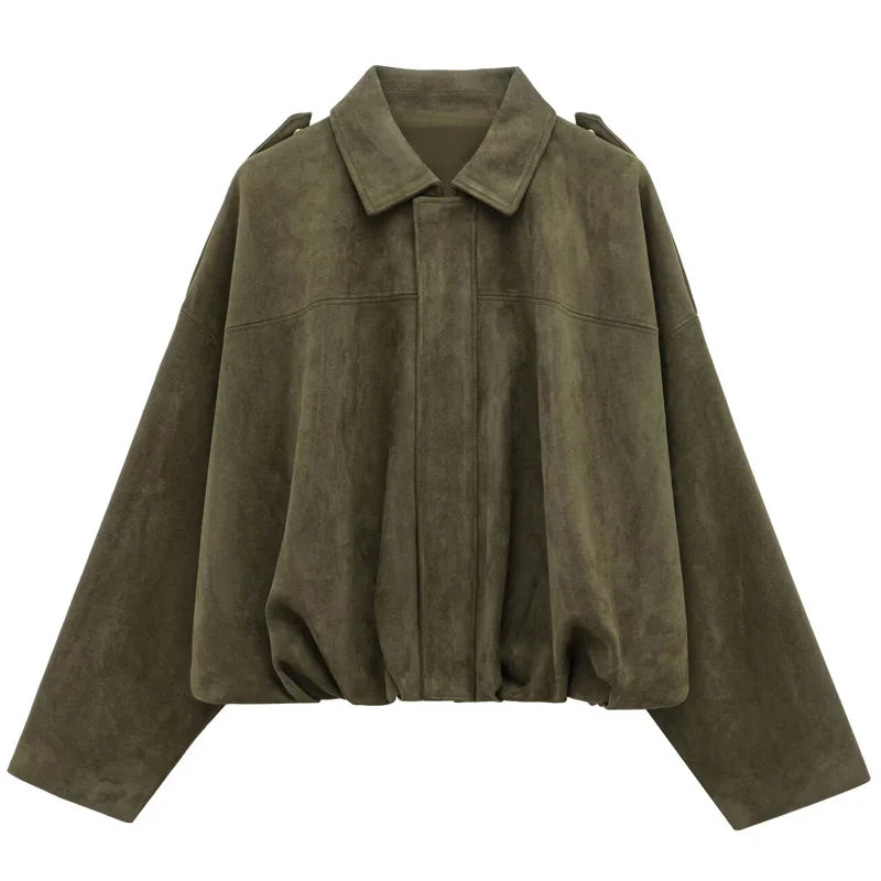 Womens Suede Bomber Jacket - Cropped Long Sleeve Zipper Coat - ZOOMNSTORE