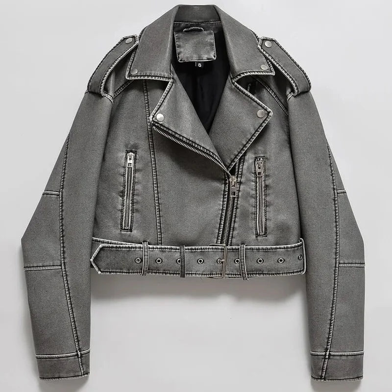 Women Faux Leather Jacket - Vintage Loose Fit Biker Zipper Belt Moto Coat - ZOOMNSTORE