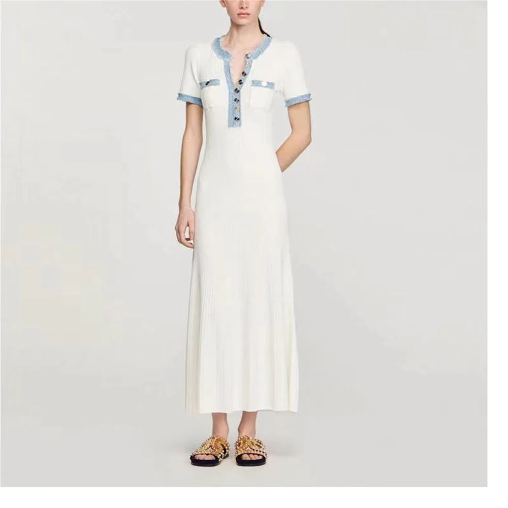 Women Knit Maxi Dress - Elegant Contrasting O-Neck Bodycon Dress With Metal Buttons - ZOOMNSTORE