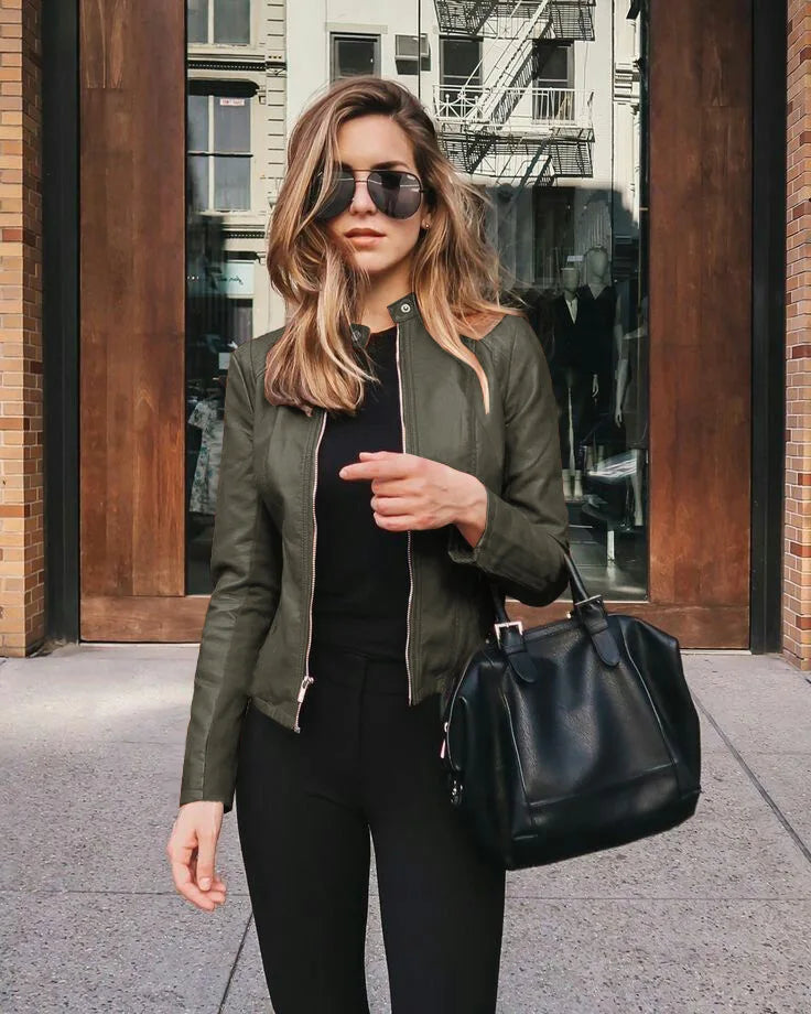 Vintage Women PU Leather Bomber Jacket Fashion Casual Autumn Winter Zipper Windbreaker Streetwear Female Blazer Y2K Clothes New - ZOOMNSTORE