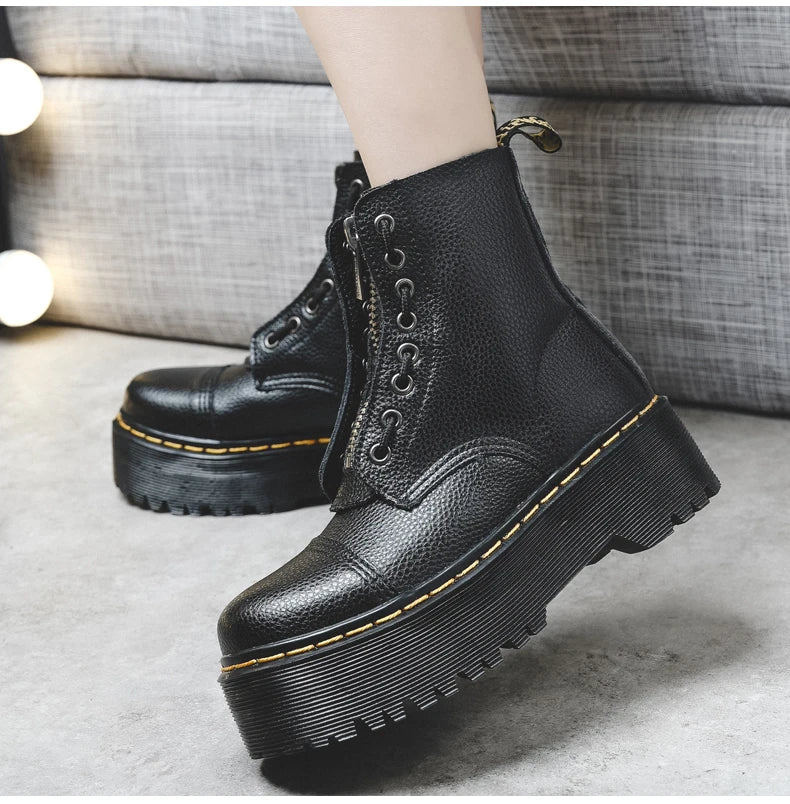 Women Leather Boots - Retro Platform Motorcycle Ankle Boots With Front Zipper - ZOOMNSTORE