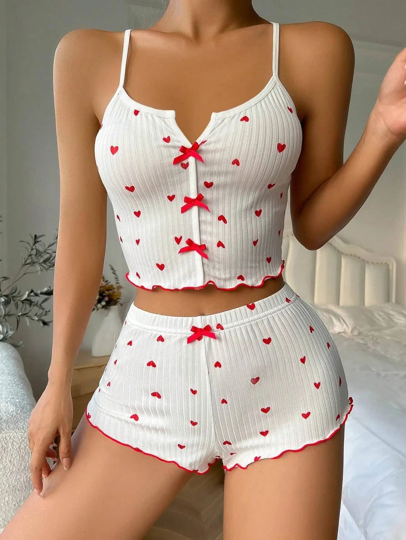 Silk Heart Print Pajamas Set - Womens V-Neck Cami Top Shorts Loungewear - ZOOMNSTORE