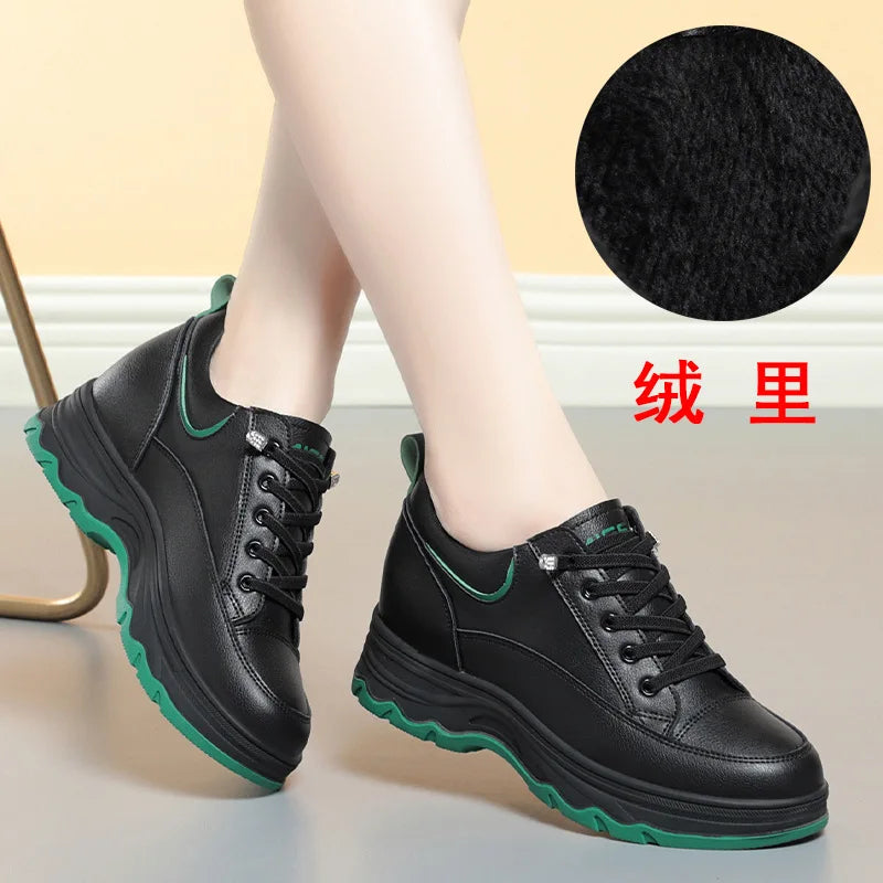 Women Walking Shoes - Comfortable Chunky Casual Sneakers With Soft Leather Lace-Up Design - ZOOMNSTORE