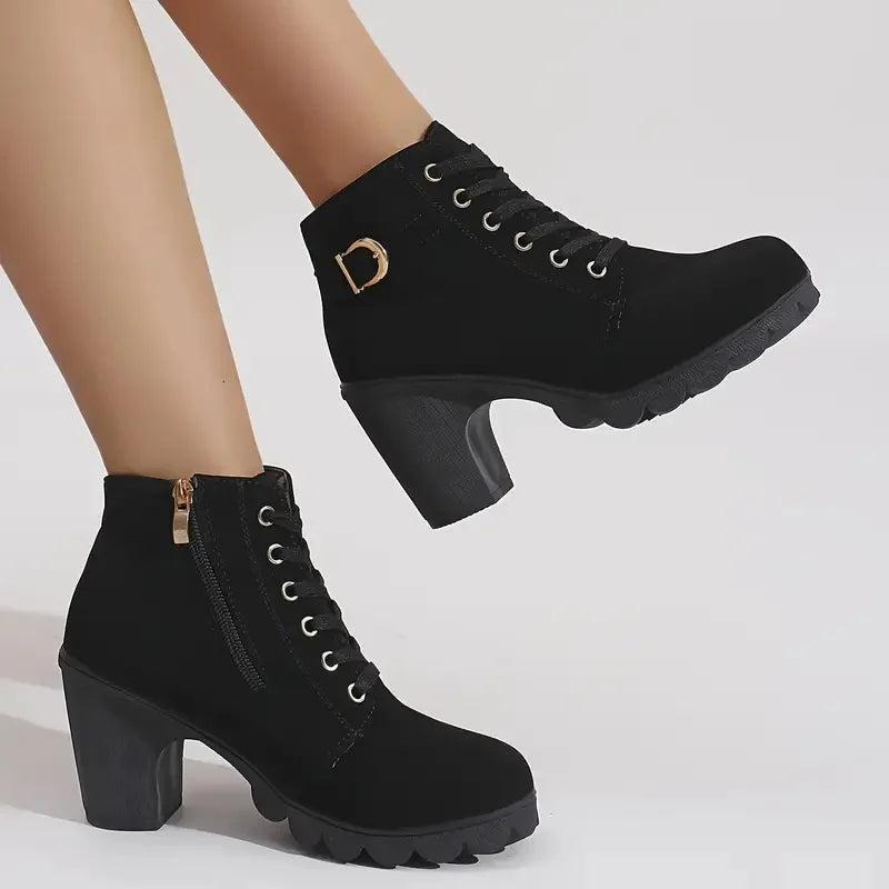 Women Winter Ankle Boots - Black PU Leather | Thick Sole Platform Heel Boots - ZOOMNSTORE