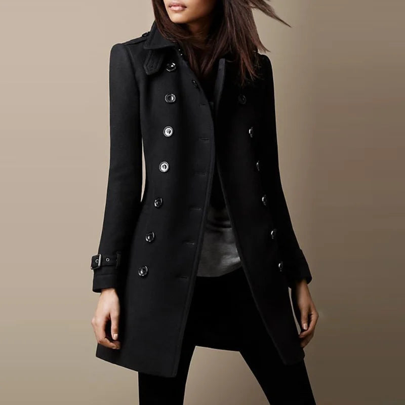 Women Wool Overcoat - Double Breasted Streetwear Jacket With Pocketed Lapel Coat - ZOOMNSTORE
