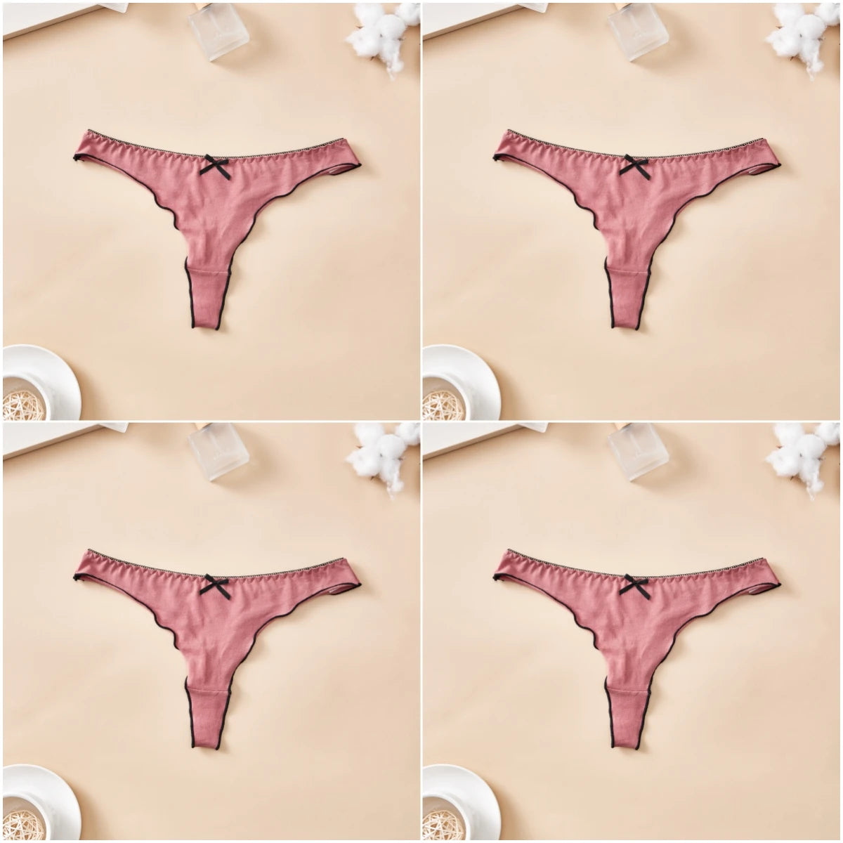 Cotton Thong Underwear - 4pcs Womens Comfortable Breathable Low-Waist T-Back with Bow - ZOOMNSTORE