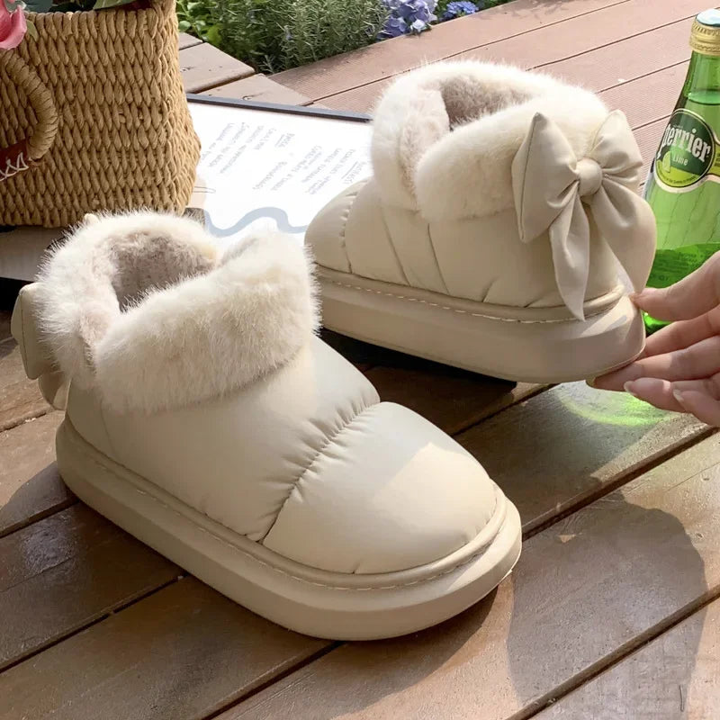 Cute Warm Ankle Boots Winter Women's Bow Warmth Plush Bow Cotton Shoes 2024 New Waterproof Down Cloth Short Barrel Snow Boots - ZOOMNSTORE