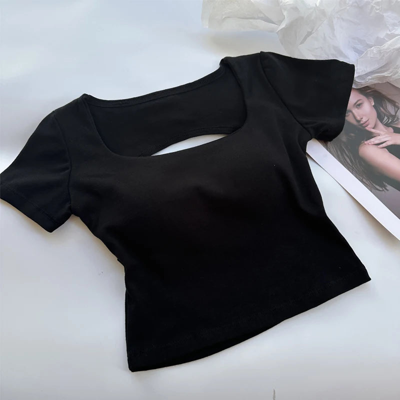 Womens Backless Crop Top - Square Neck Short Sleeve Tee with Built-in Bra - ZOOMNSTORE