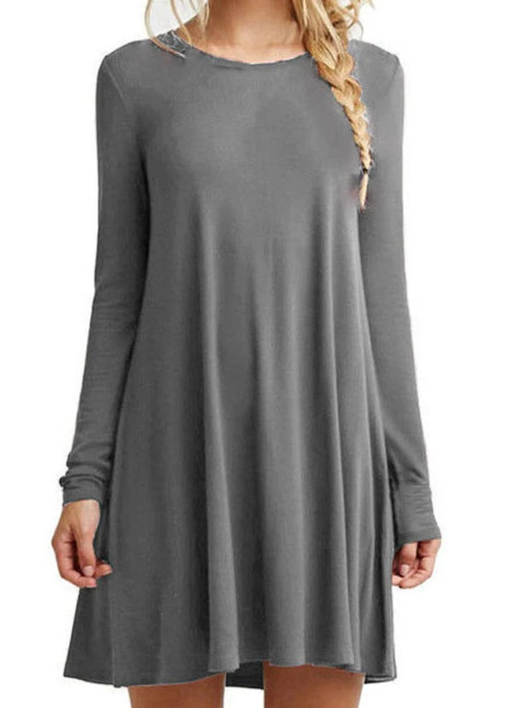 Womens Long Sleeve Swing Dress - Casual Solid Color Round Neck Autumn Winter - ZOOMNSTORE