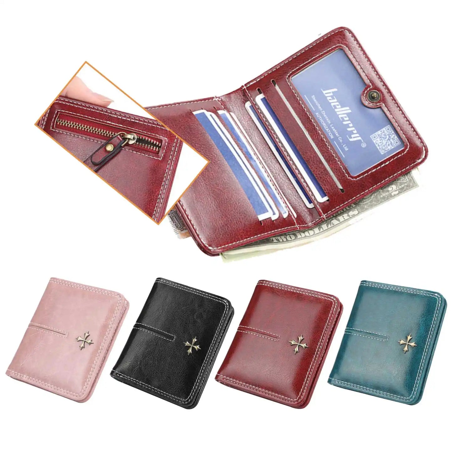 Womens Oil Wax Skin Short Wallet - Multi-Card Zipper Coin Purse - ZOOMNSTORE