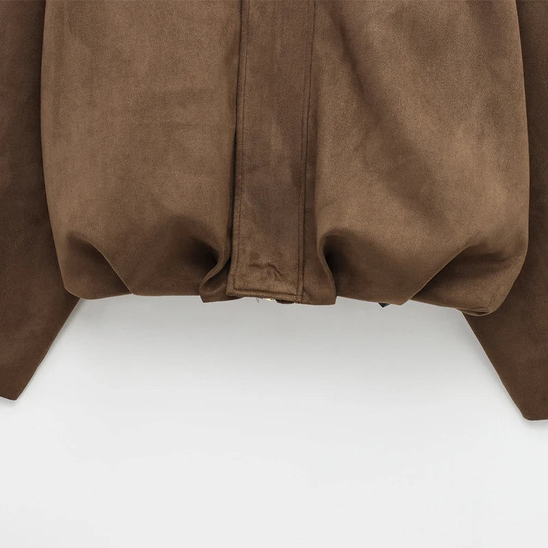 Womens Suede Bomber Jacket - Cropped Long Sleeve Zipper Coat - ZOOMNSTORE