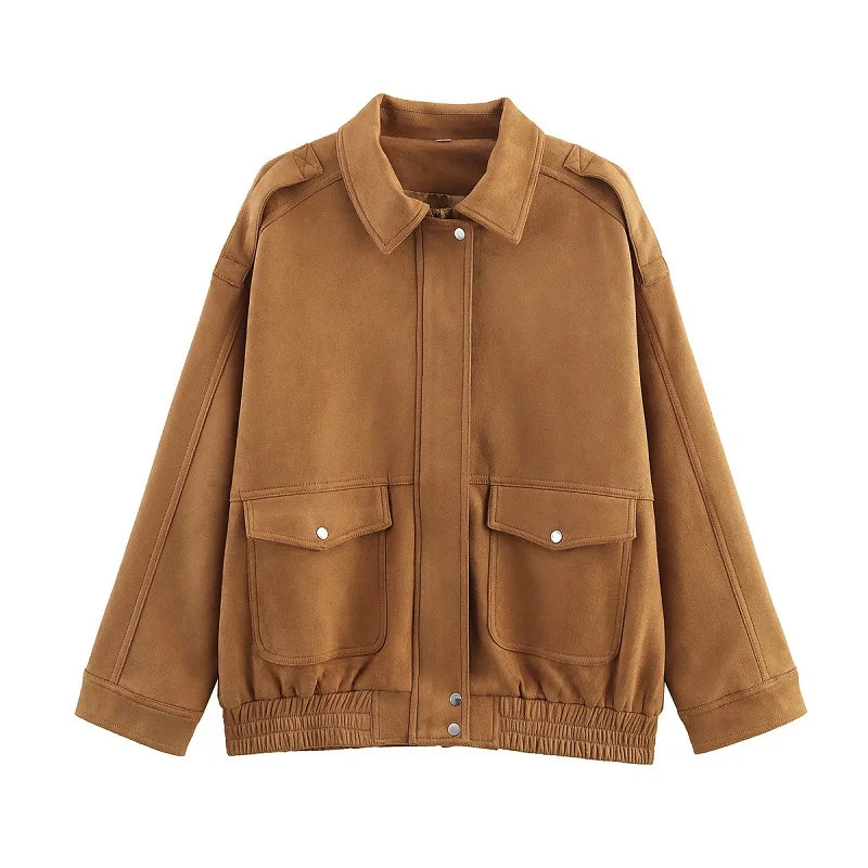 Womens Suede Bomber Jacket - Stylish Streetwear Outerwear - ZOOMNSTORE