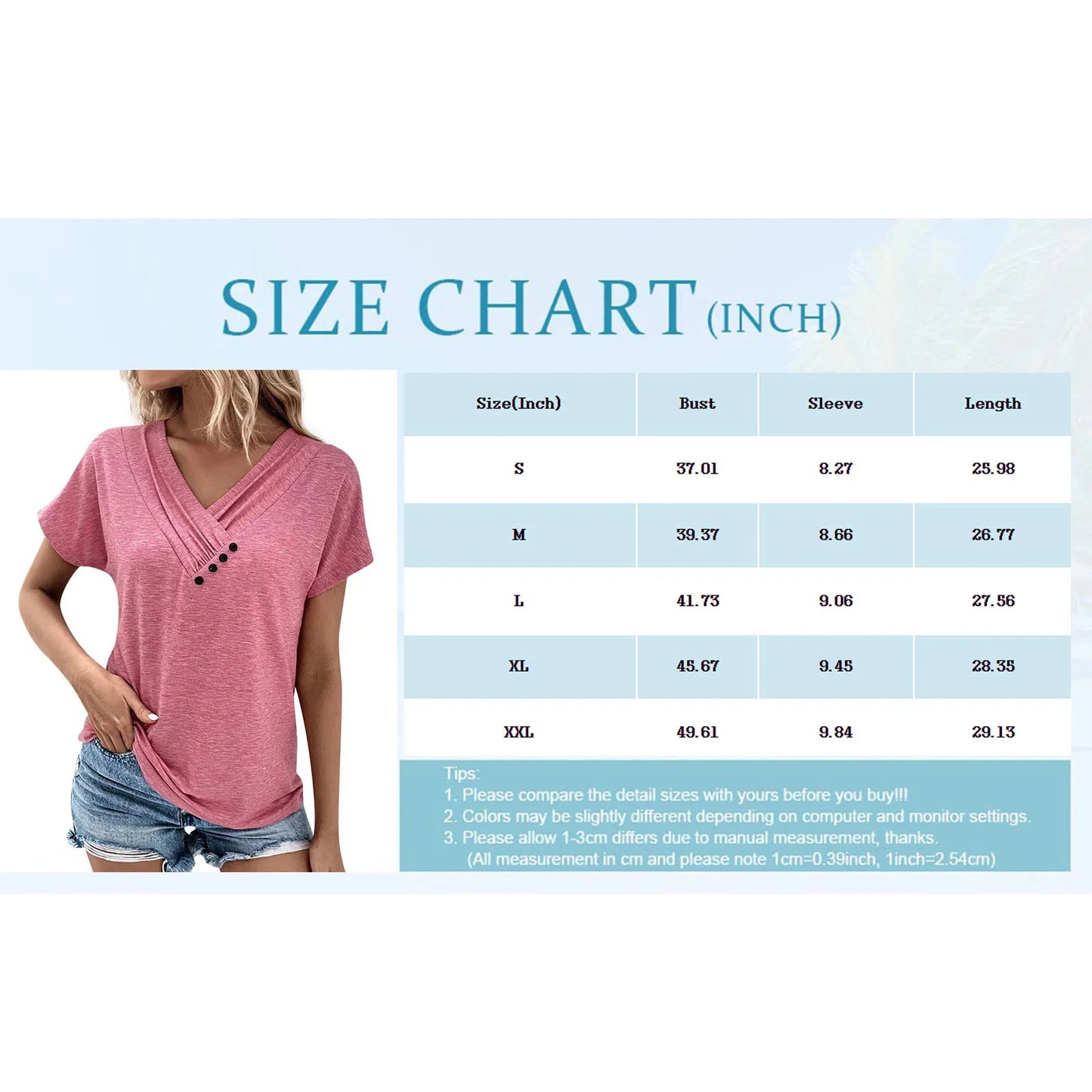 Womens V Neck Oversized T-Shirt - Solid Color Short Sleeve Basic Tee - ZOOMNSTORE