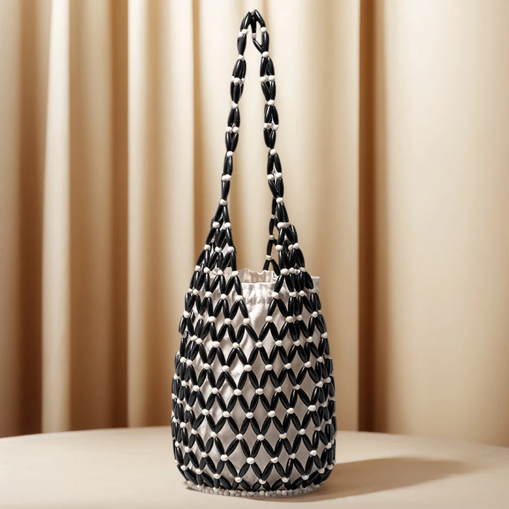 Handmade Wooden Beaded Tote Bag - Woven Shoulder Bag for Travel - ZOOMNSTORE
