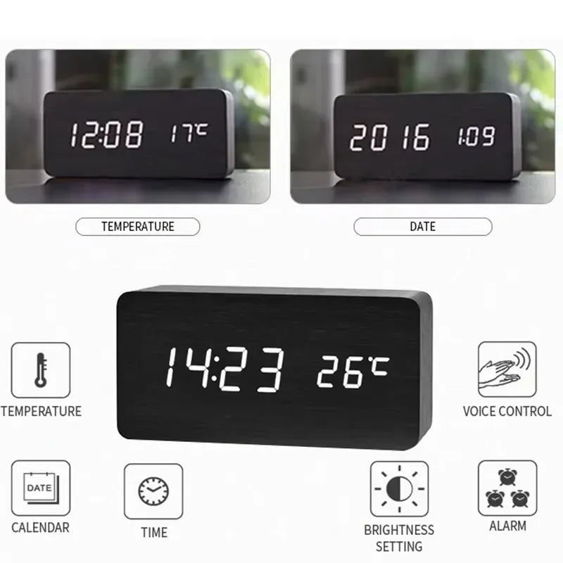 Wooden LED Digital Alarm Clock with Temperature - Stylish Table Clock for Bedroom Office - ZOOMNSTORE