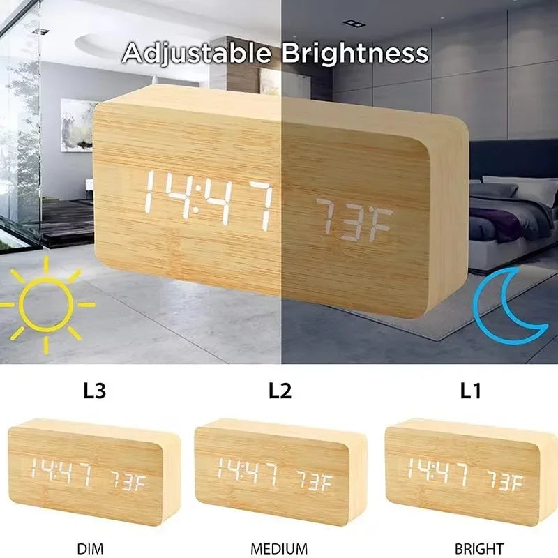 Wooden LED Digital Alarm Clock with Temperature - Stylish Table Clock for Bedroom Office - ZOOMNSTORE