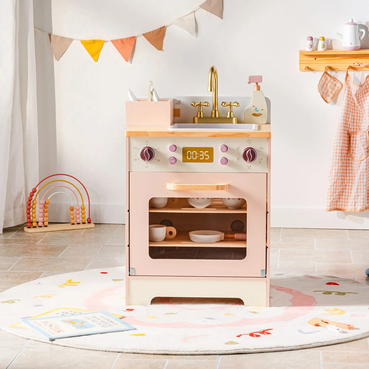 Robotime Robud Kids Corner Kitchen Playset Wooden Play Kitchen Set with Realistic Sound Pretend Play Gift for Boys Girls Pink - ZOOMNSTORE