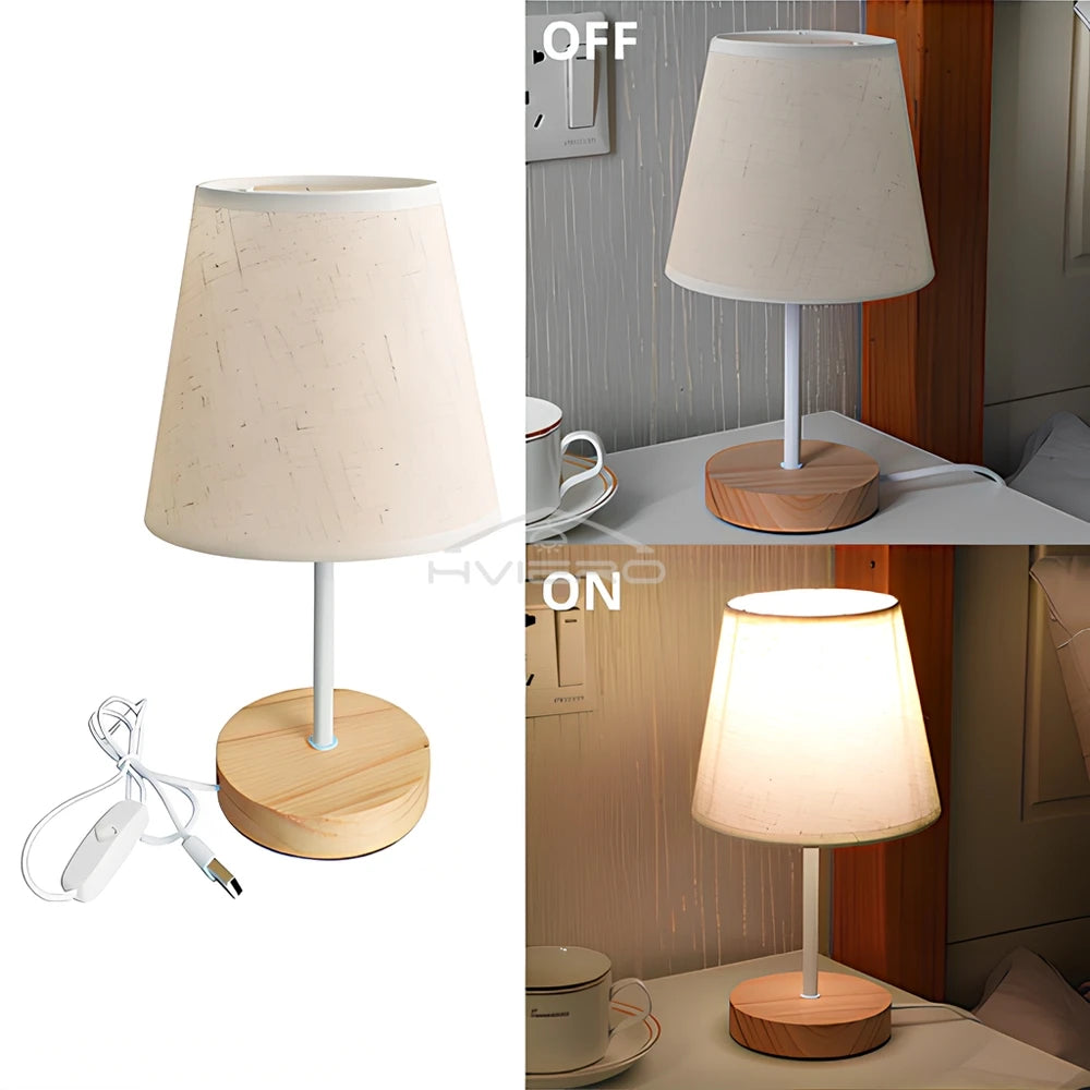 Wooden USB Table Lamp - Modern Bedside Nightstand Light with Cylinder Shade - ZOOMNSTORE