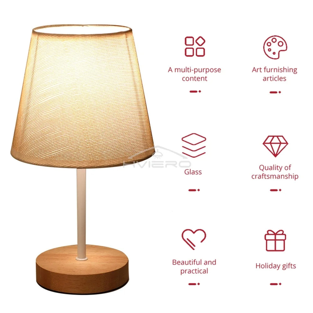 Wooden USB Table Lamp - Modern Bedside Nightstand Light with Cylinder Shade - ZOOMNSTORE