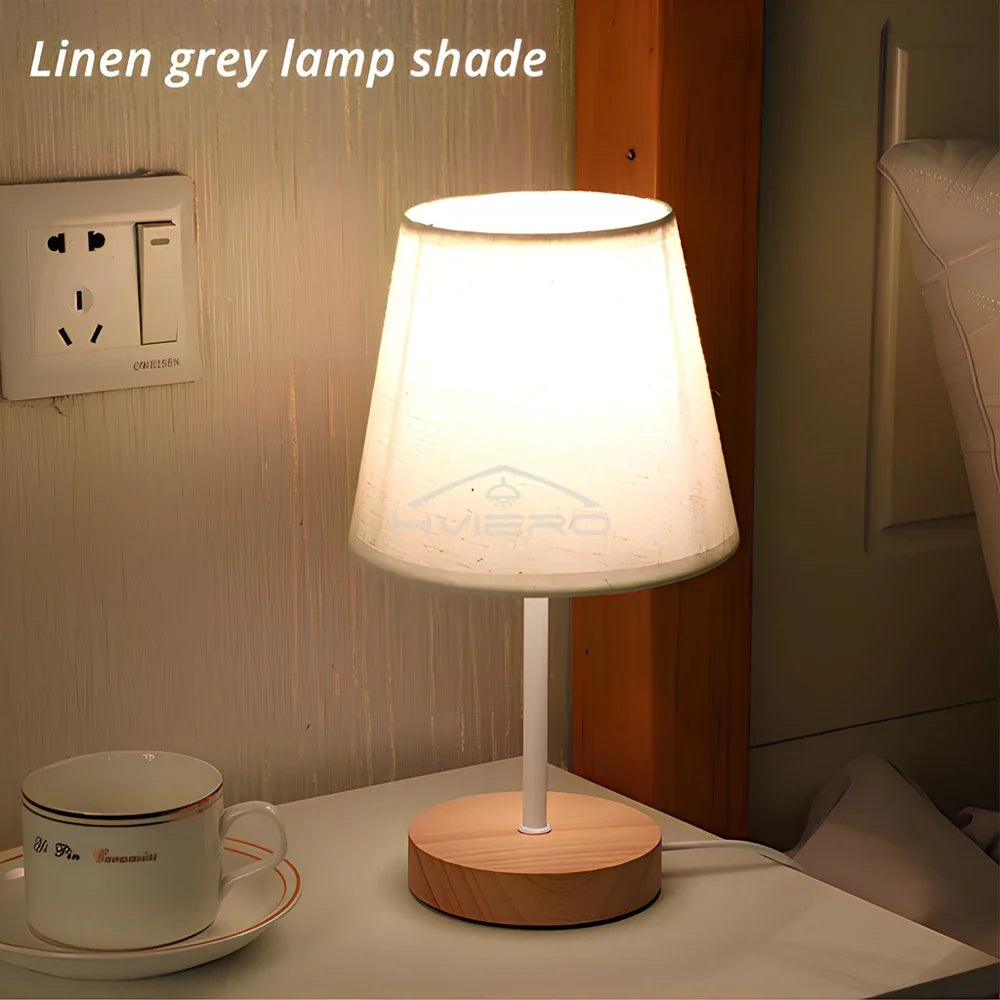 Wooden USB Table Lamp - Modern Bedside Nightstand Light with Cylinder Shade - ZOOMNSTORE