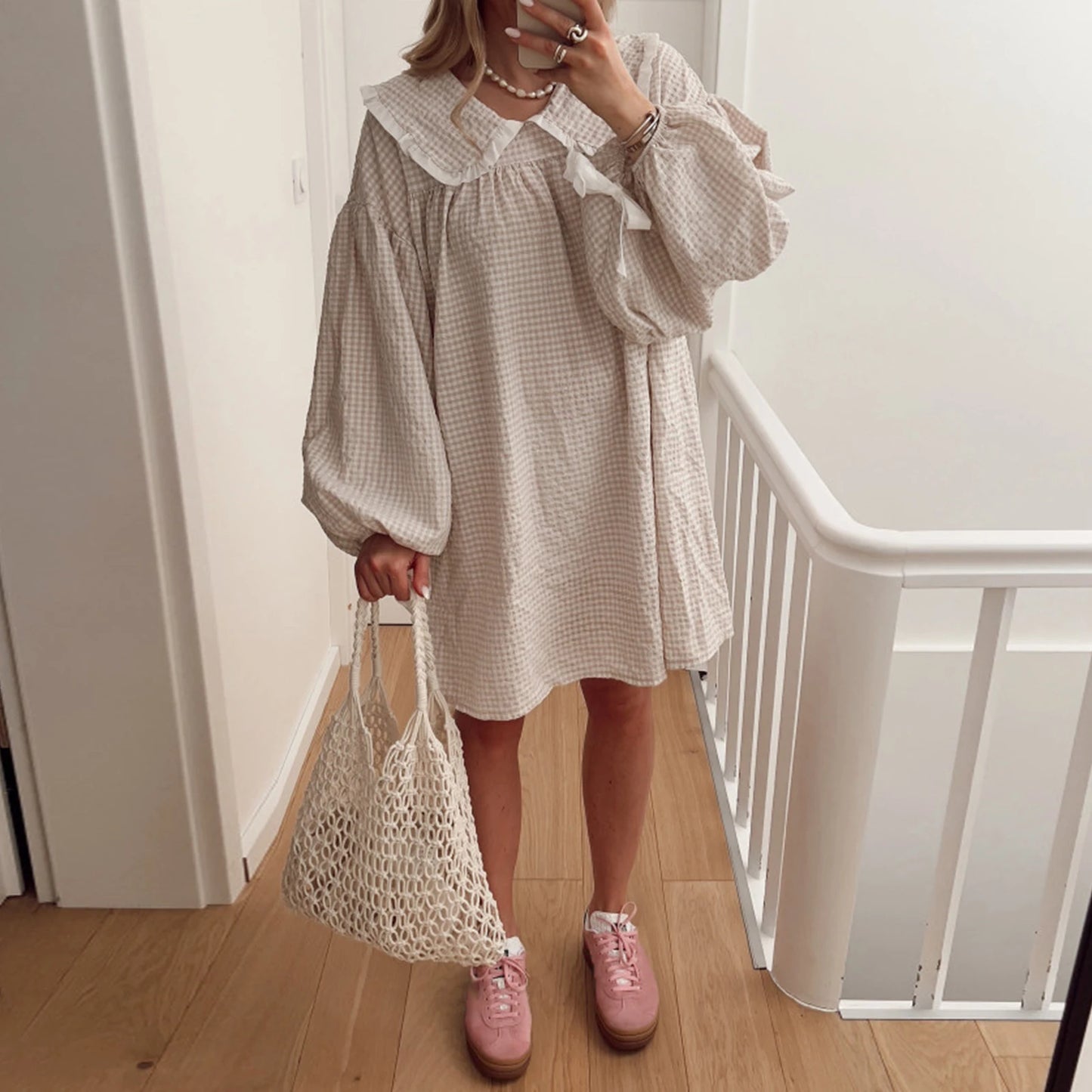 Y2K Gingham Babydoll Dress - Puff Sleeve Mini Dress with Peter Pan Collar - ZOOMNSTORE