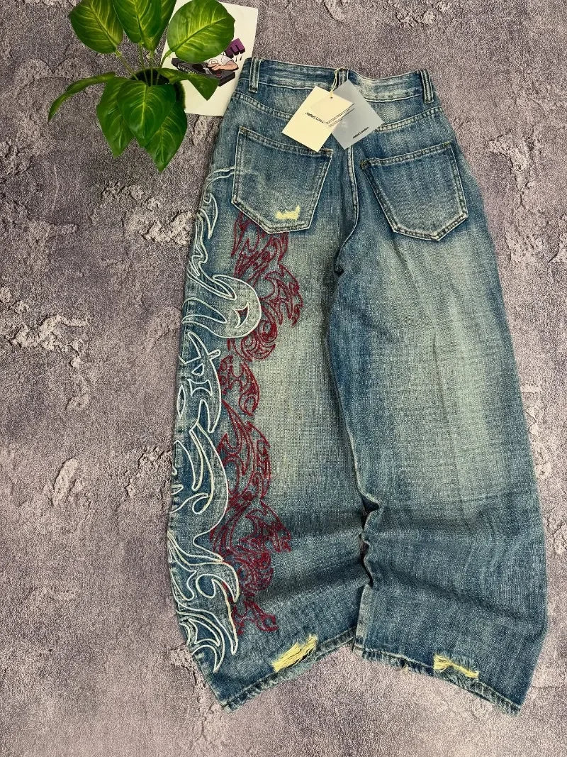 Y2K Embroidered Baggy Jeans - Vintage Hip Hop Wide-Leg Pants for Men - ZOOMNSTORE