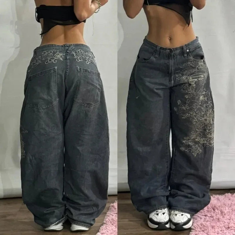 Y2K Embroidered Baggy Jeans - Vintage Hip Hop Wide-Leg Pants for Men - ZOOMNSTORE